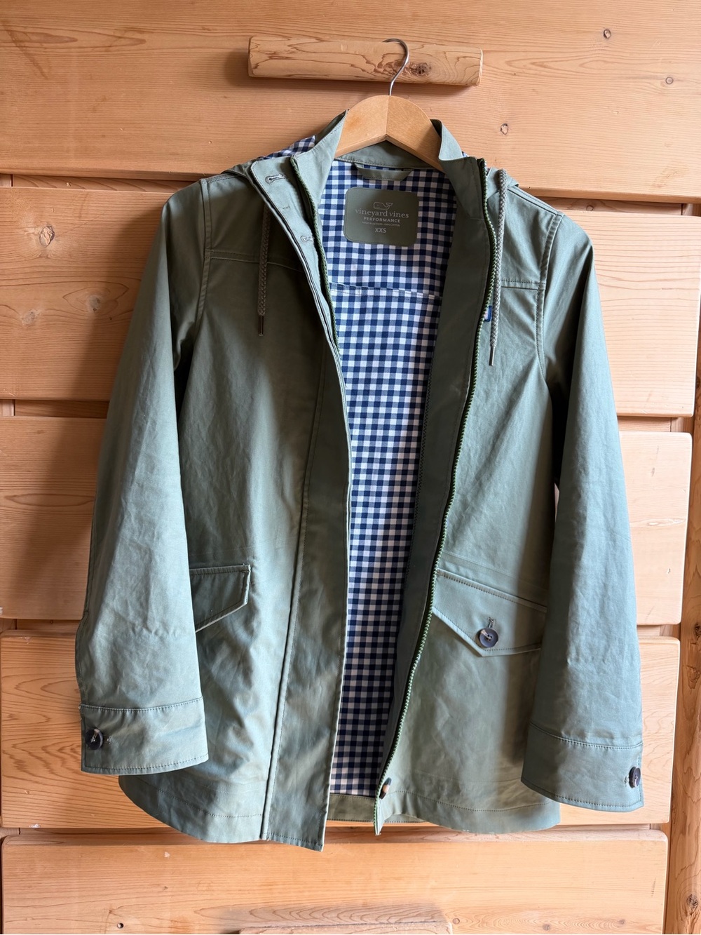 Vineyard Vines Olive Green Hooded Shell with Navy Gingham Lining